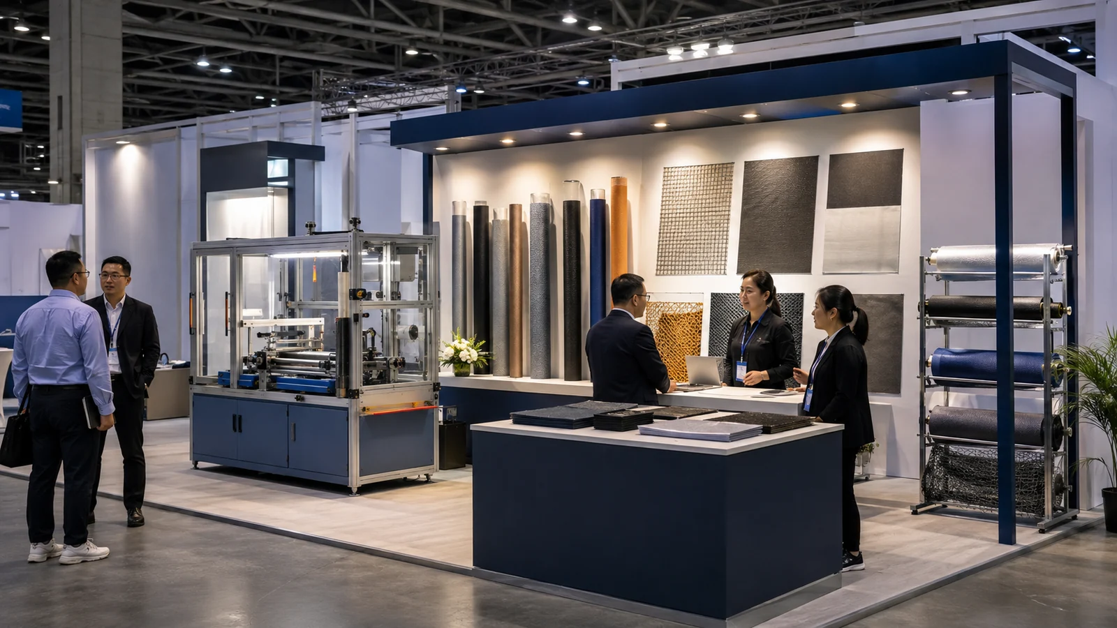 Advanced textiles exhibition booth with technical fabrics and process equipment