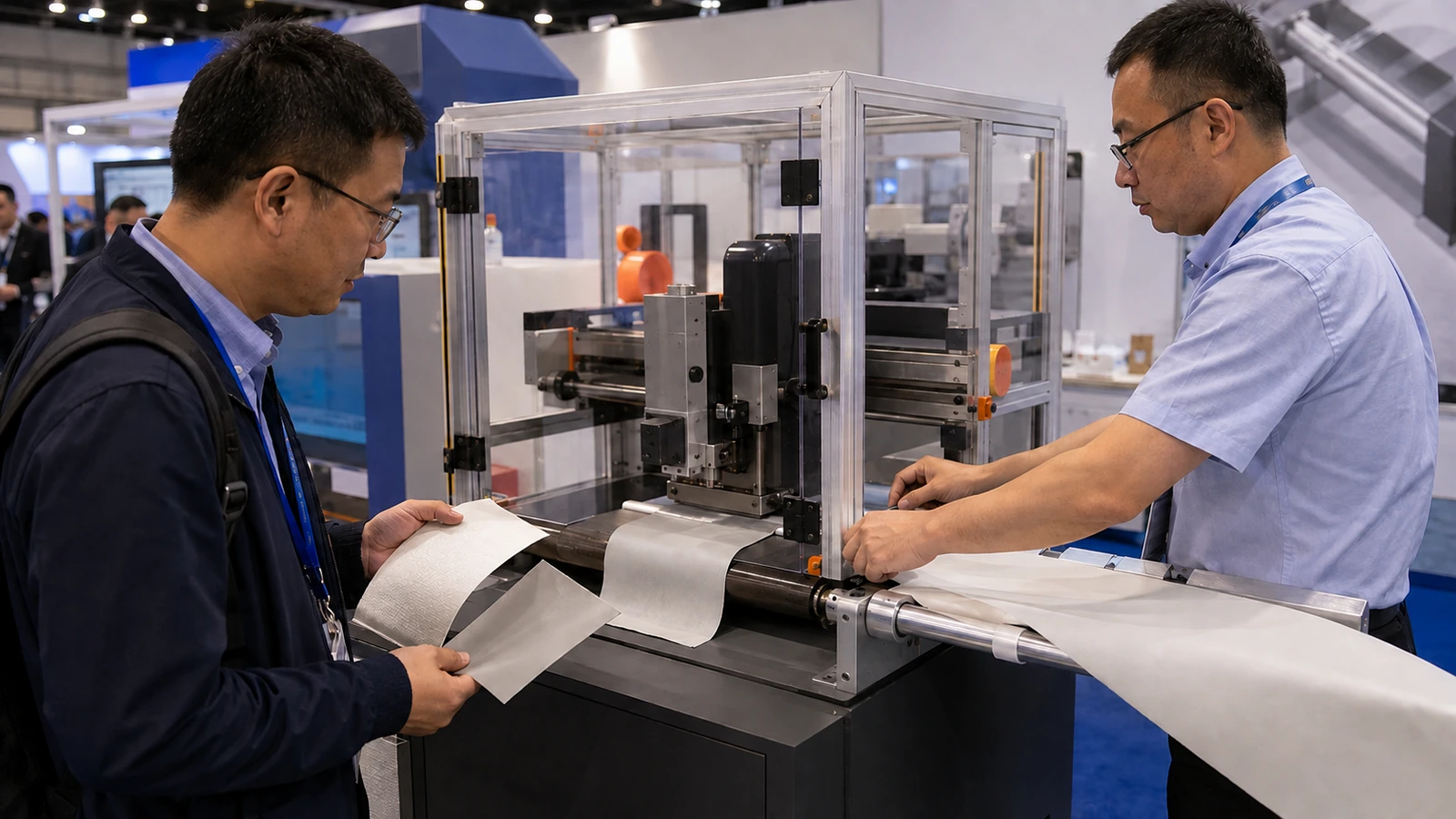 Industrial textile processing demonstration with material samples at an exhibit