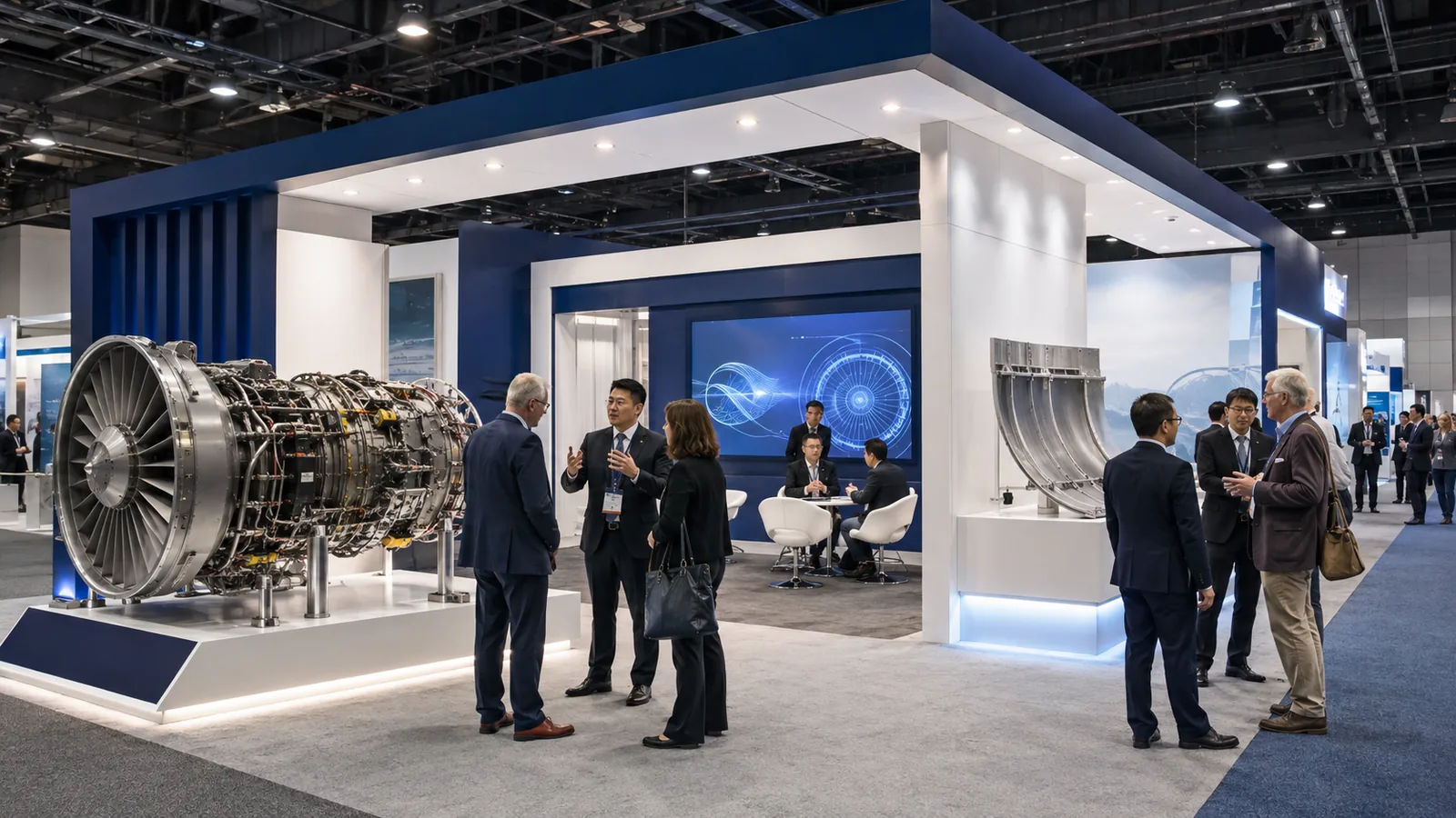 Aerospace and aviation trade show booth in a U.S. exhibition hall