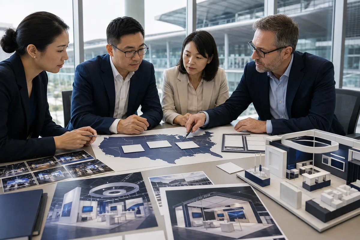 B2B team comparing aerospace trade show audiences and exhibit formats