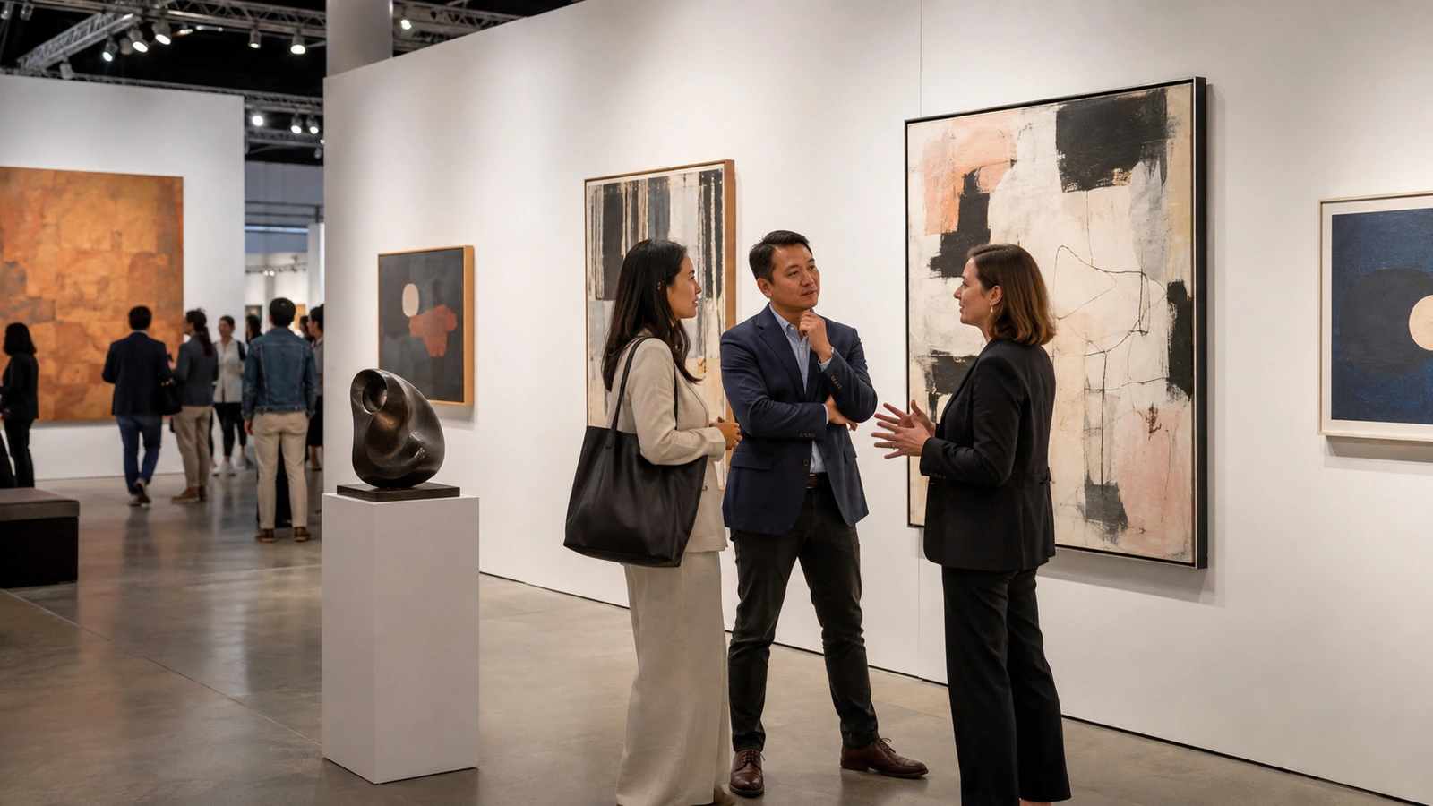 Contemporary art fair gallery stand with original paintings, sculpture, and professional visitors