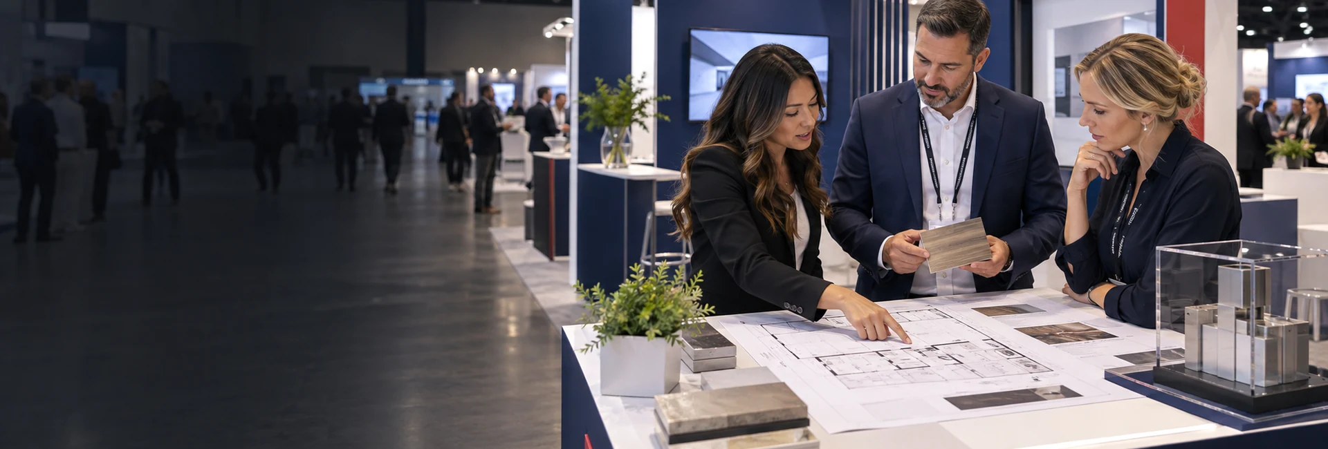 Exhibitor team reviewing product samples and a trade show booth floor plan