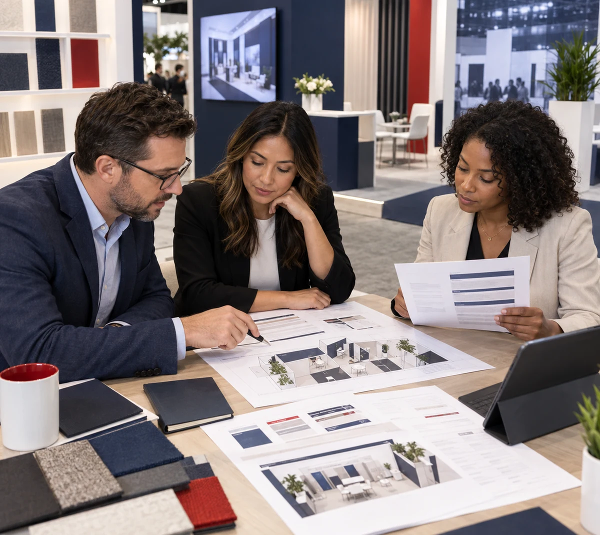 Marketing and procurement team reviewing booth and show service budgets