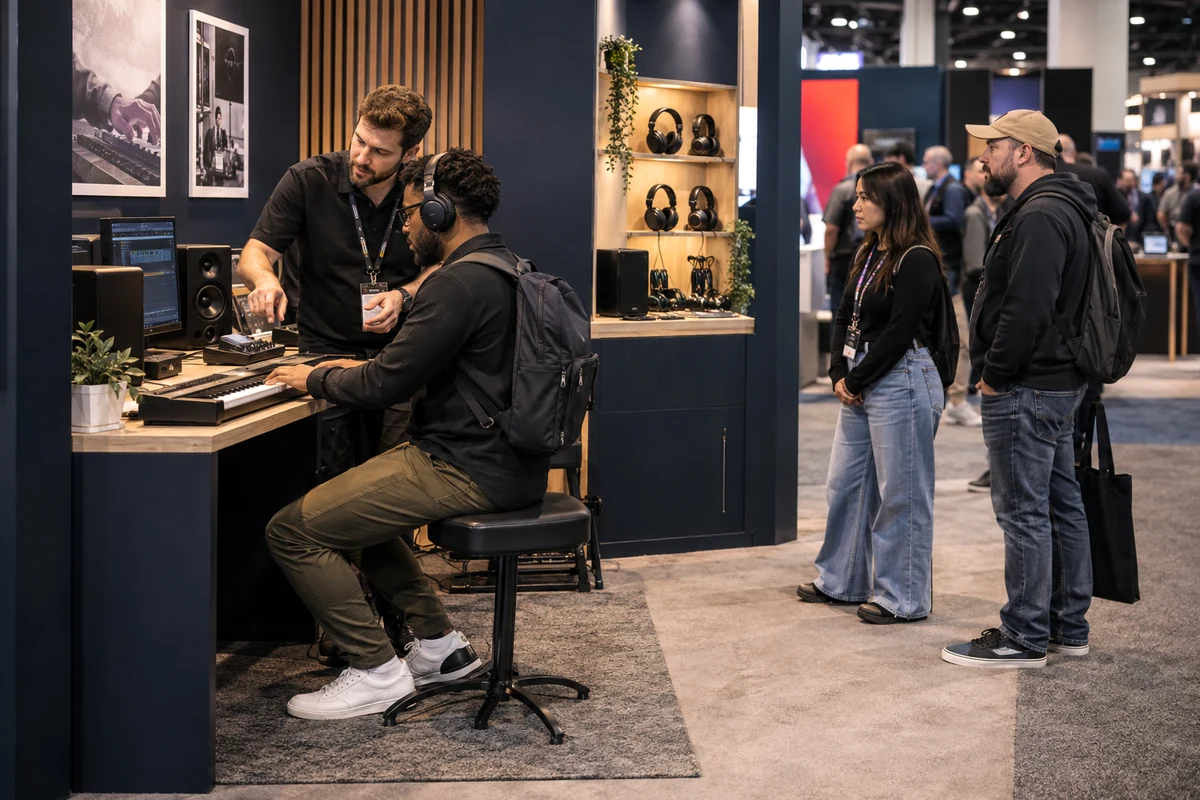 Visitor testing professional audio equipment in a trade show booth