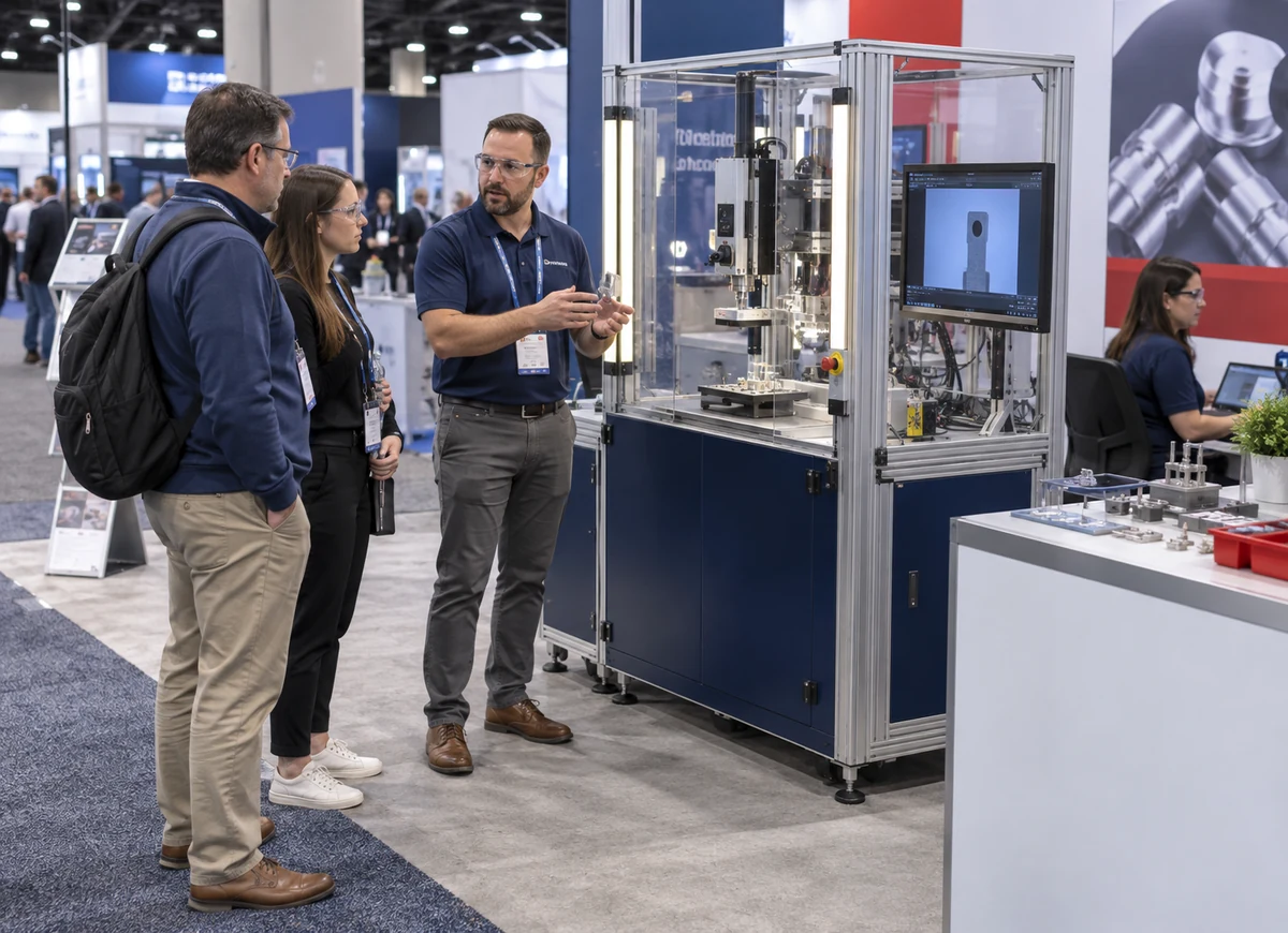 Medical manufacturing exhibit with a guarded technical equipment demonstration