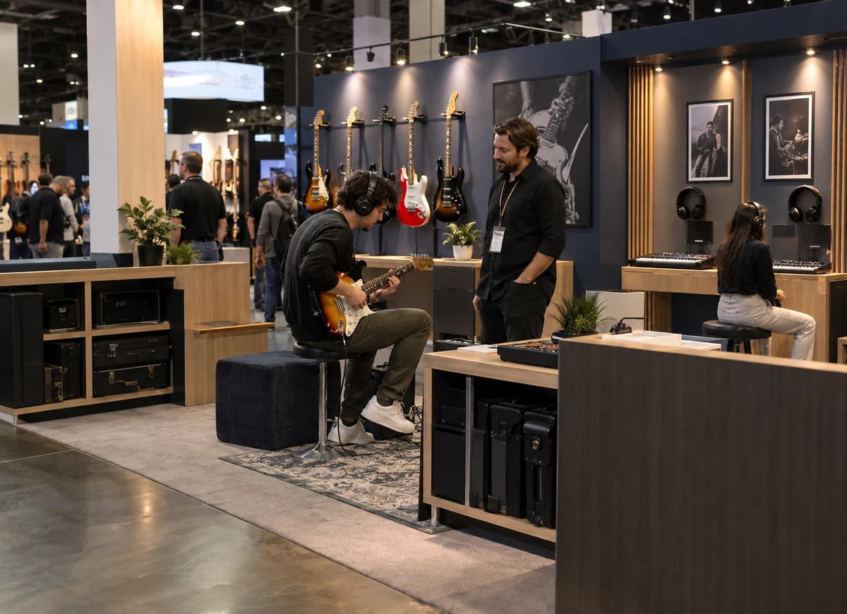 Music product exhibit with instrument trials, listening stations and equipment storage
