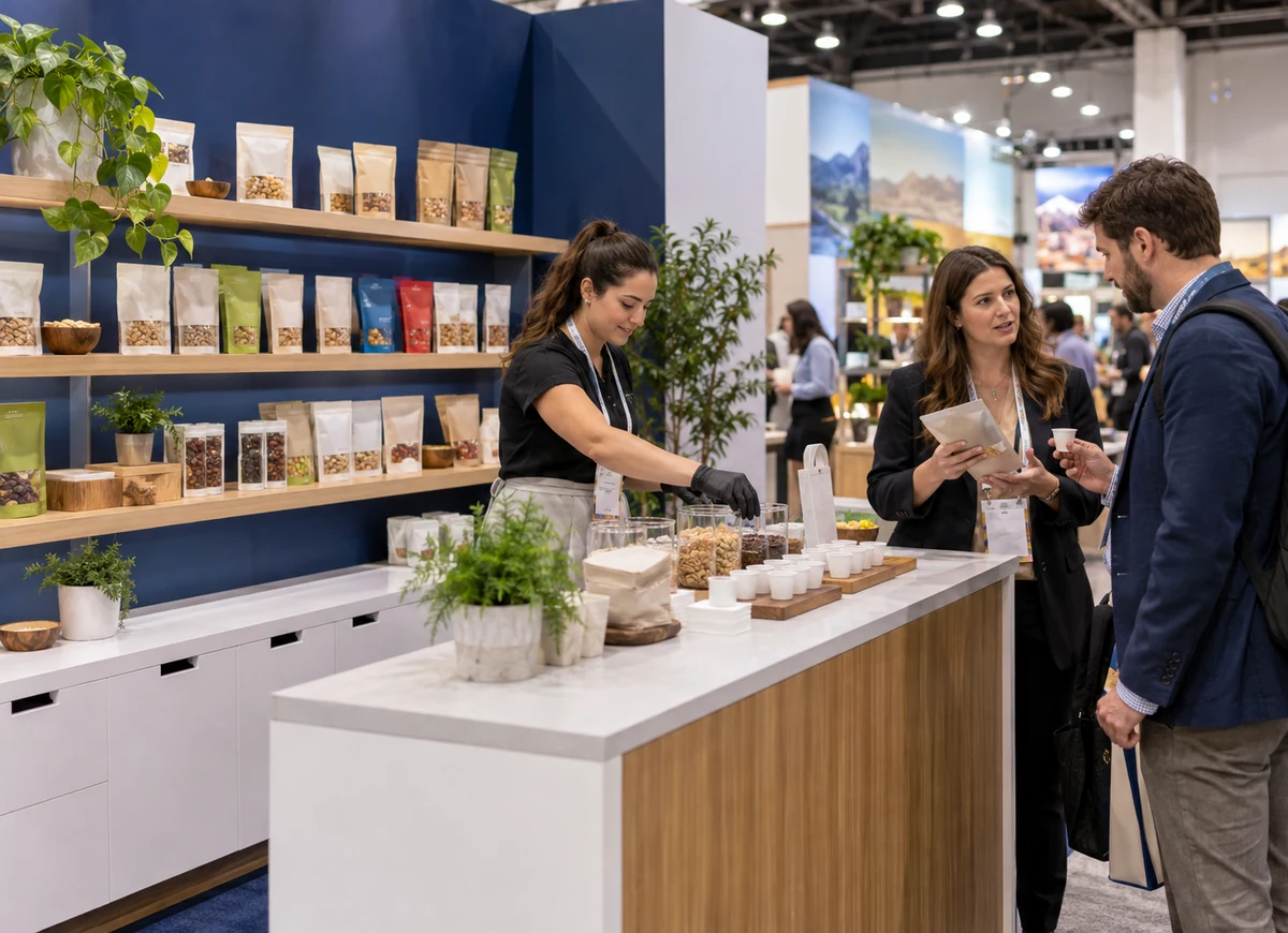 Natural products exhibit with packaging displays and a sampling worktop