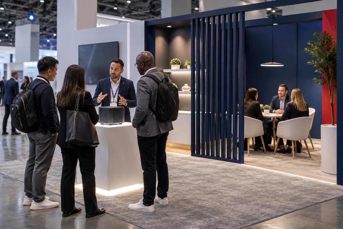 Open product launch exhibit connected to a business meeting area