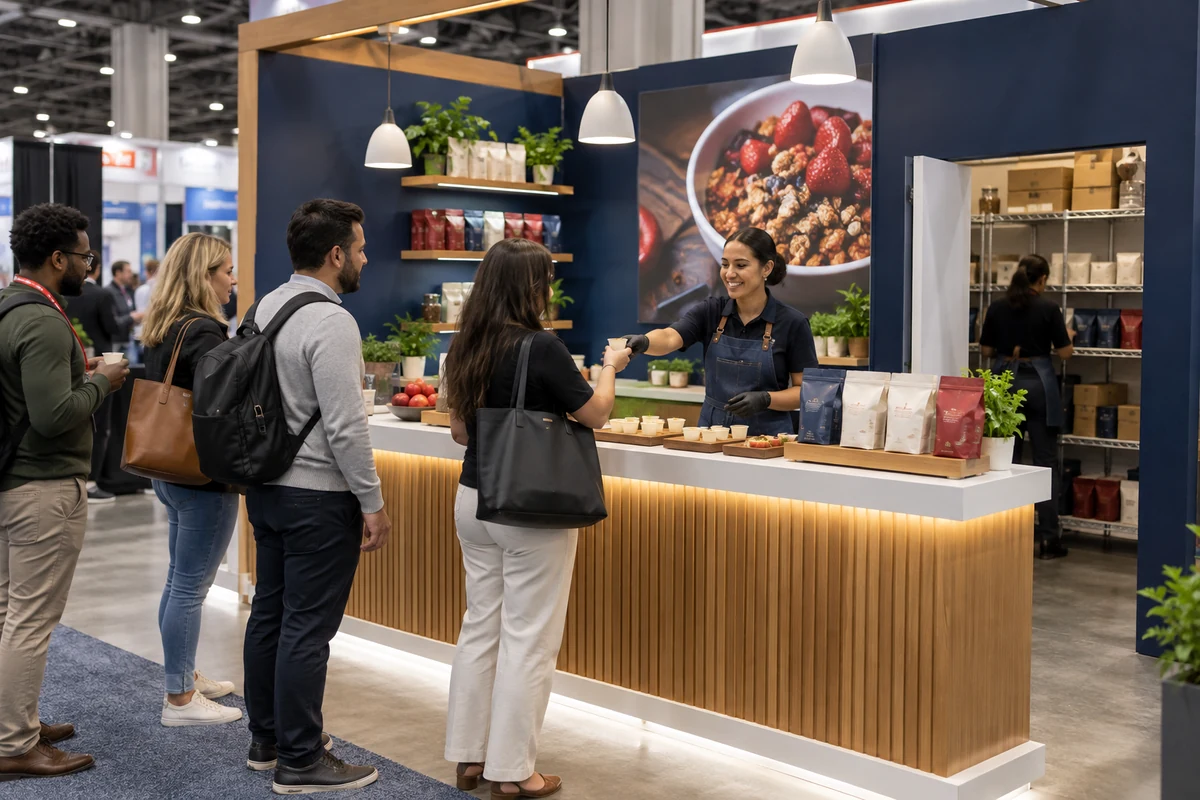 Open sampling booth with product displays, replenishment storage and visitor queue