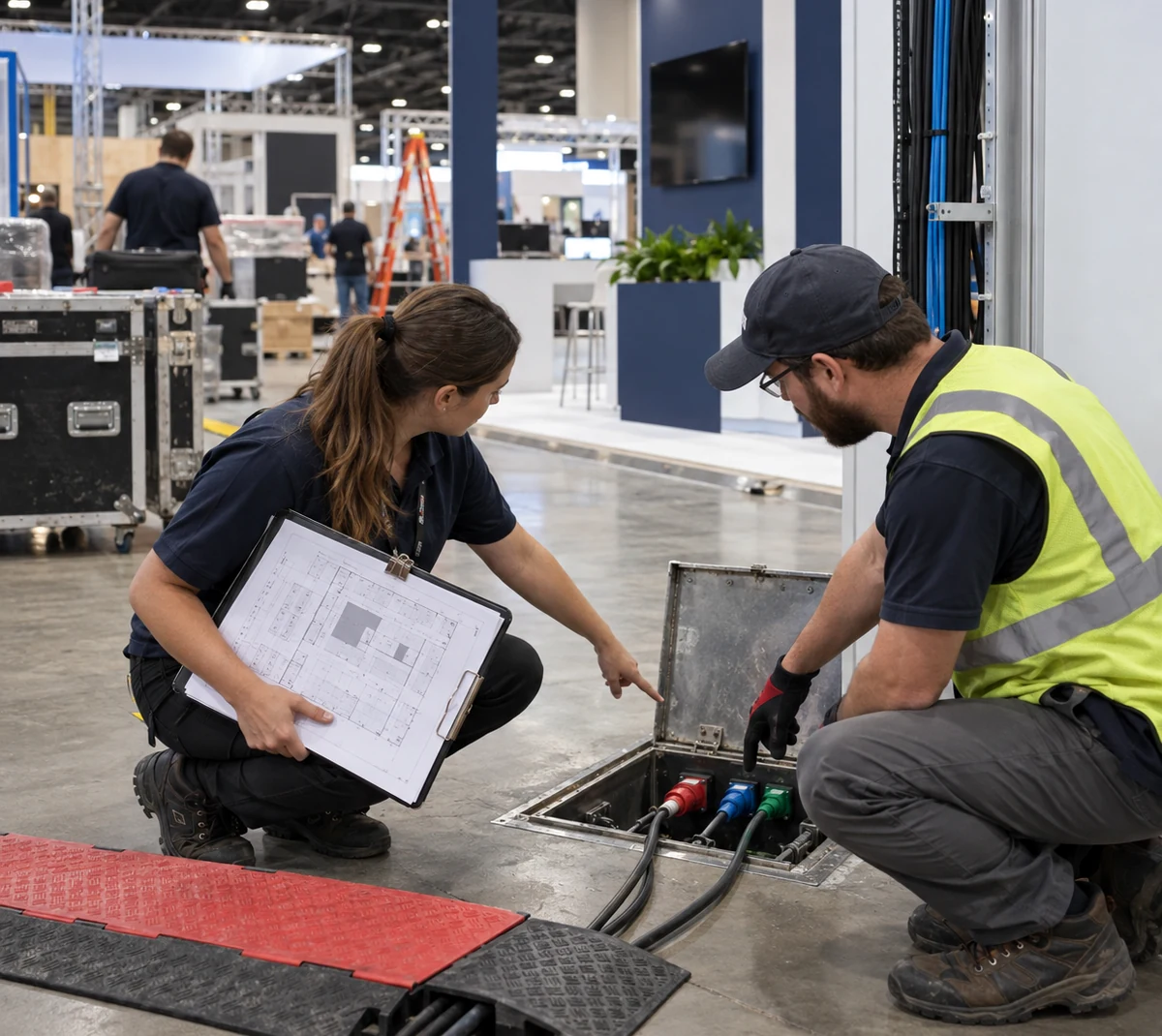 Project manager and technician checking booth utility service positions