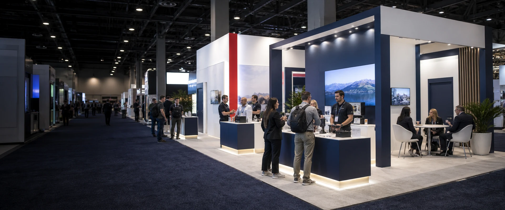 Modern Anaheim trade show booth with product demo counters and meeting space