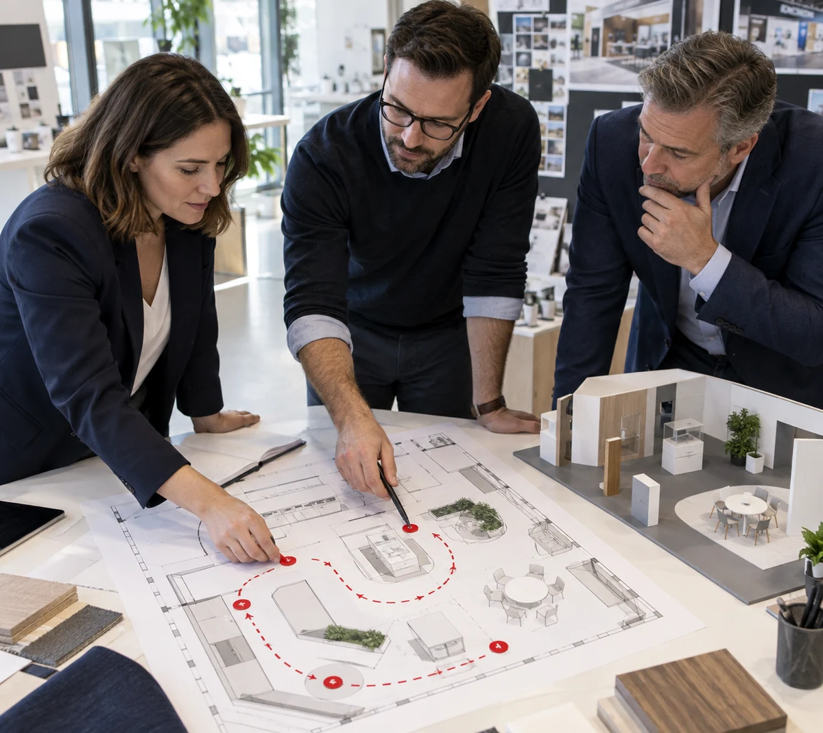 Exhibit team mapping the visitor route on a trade show booth floor plan