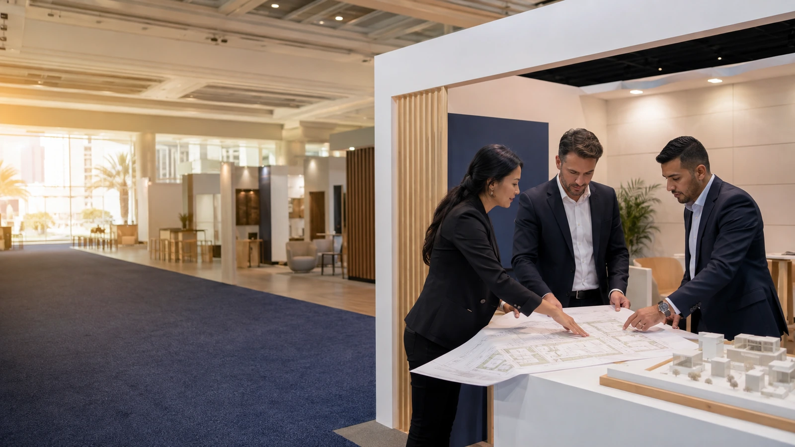 International real estate team reviewing a site plan and booth strategy before a trade show
