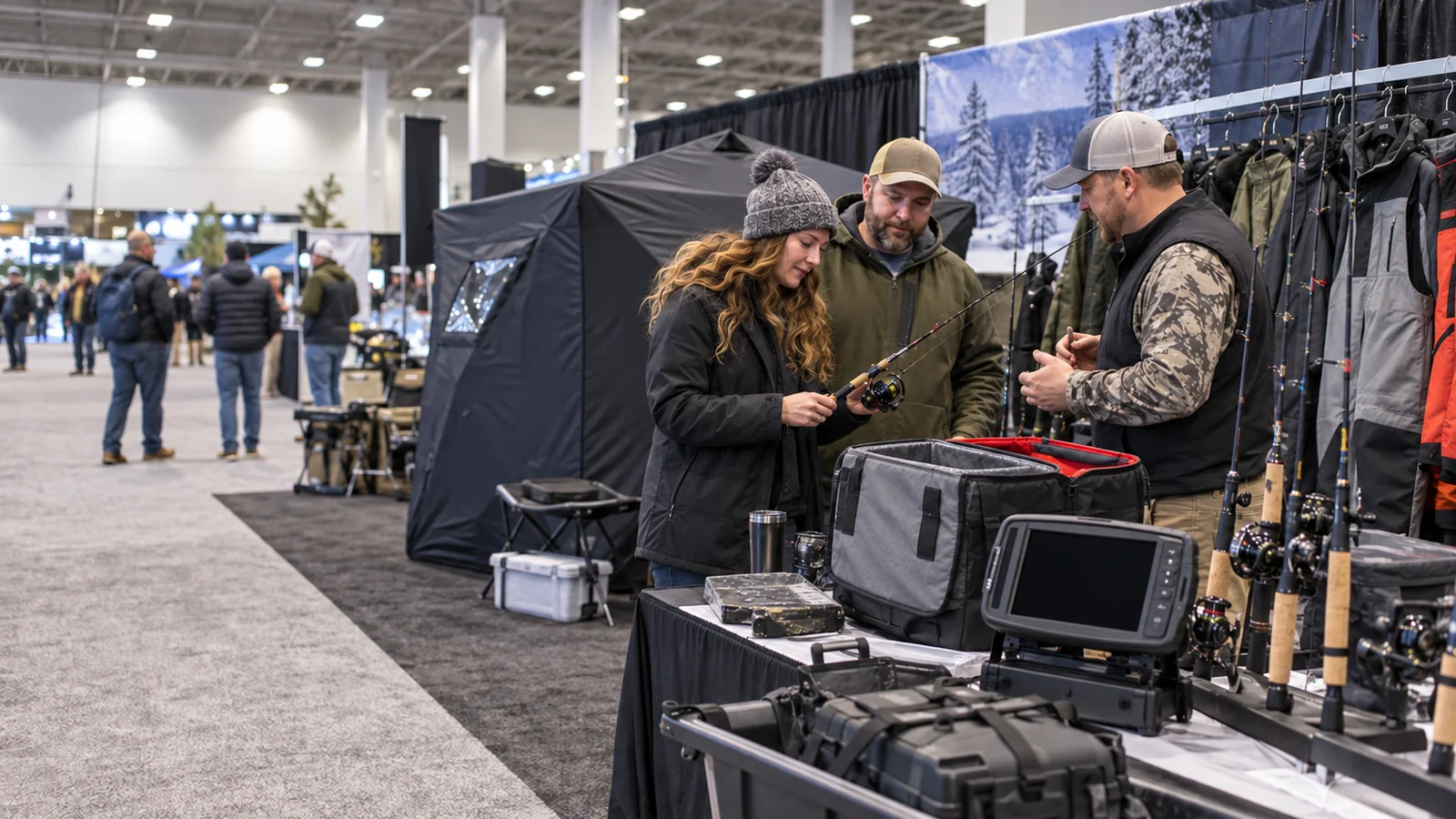 Ice-fishing equipment booth with visitors comparing winter gear at a consumer show
