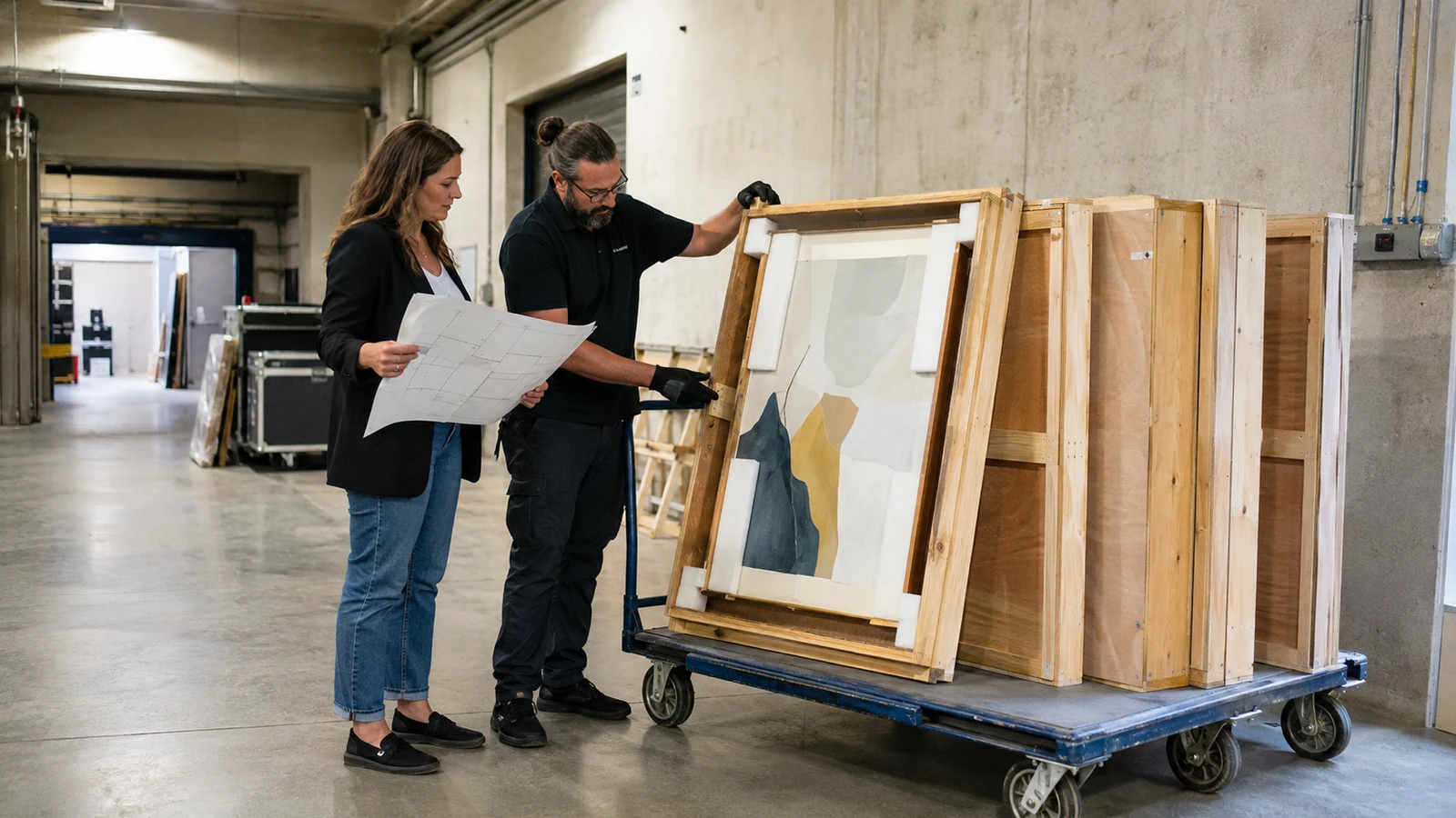 Gallery operations team checking artwork crates, floor plan, and move-in requirements before an art fair