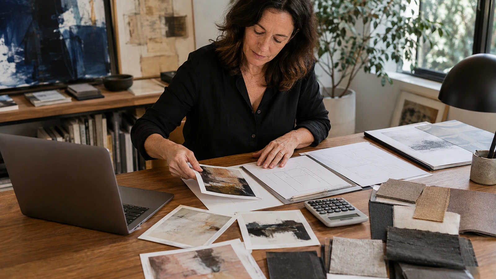 Gallery owner preparing artist images, dimensions, media, and pricing for an art fair application