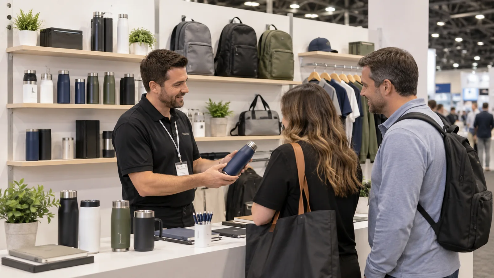 Supplier displaying drinkware bags apparel and promotional products