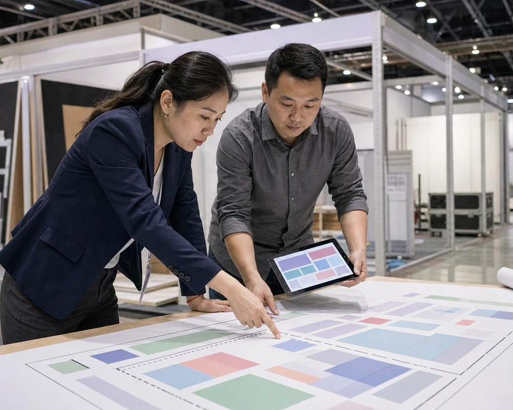 Illustrative exhibit planning team reviewing a floor plan in a convention hall