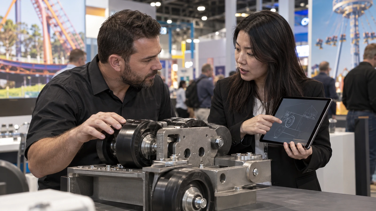 Attractions operator and equipment supplier reviewing a ride component and technical product evidence at a booth