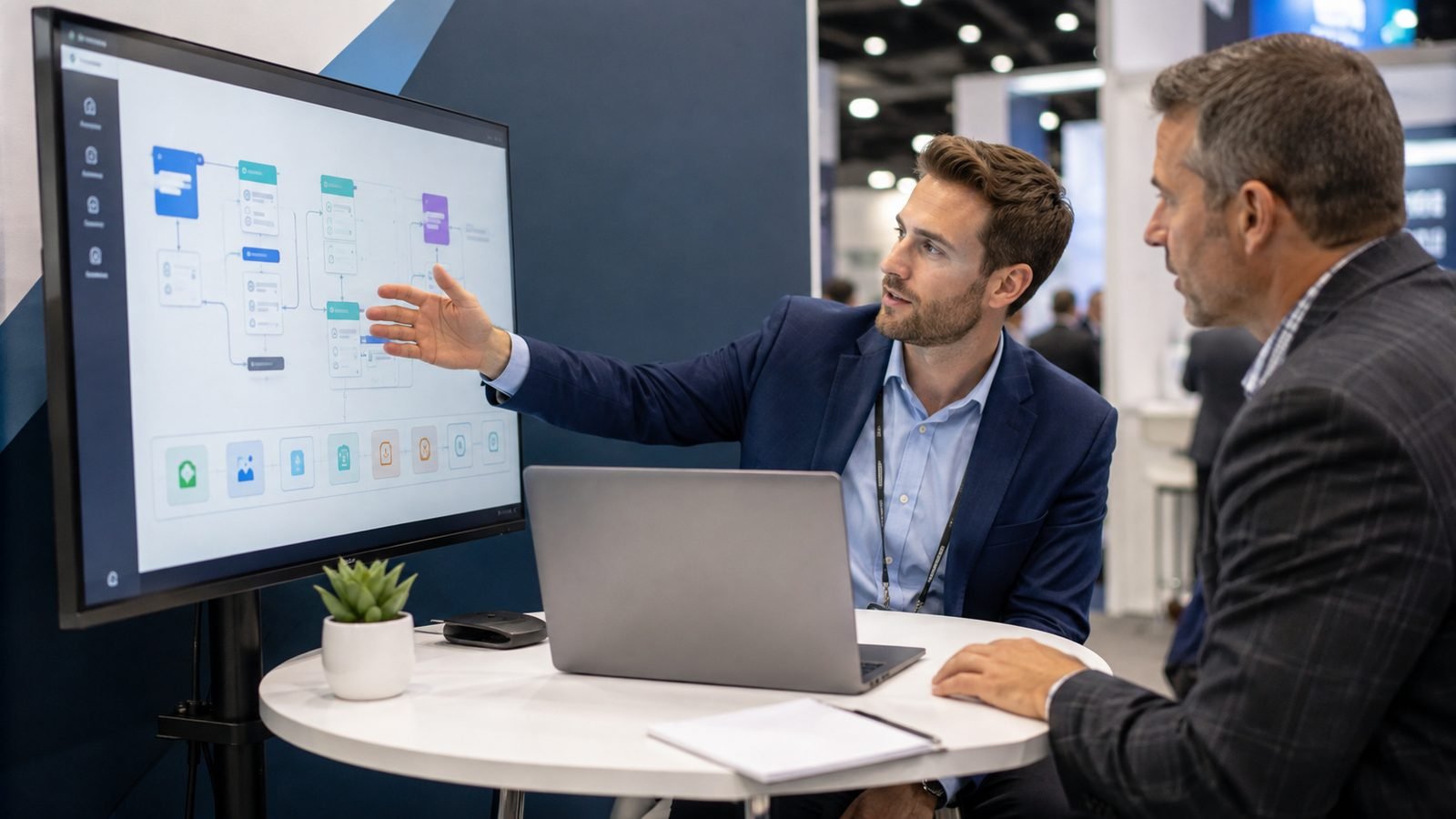 Accounts payable software demo at a professional Austin trade show booth