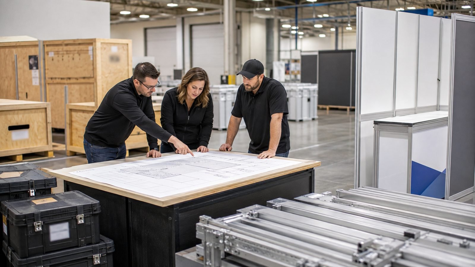 Exhibit team planning booth layout and logistics for an Austin trade show