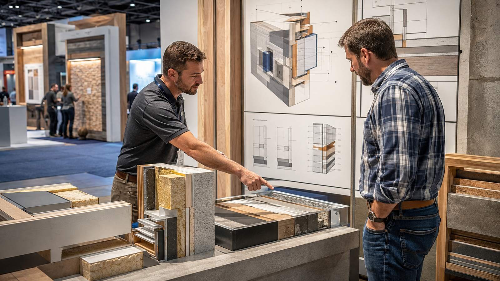 Construction product samples and specification boards at an Austin expo booth