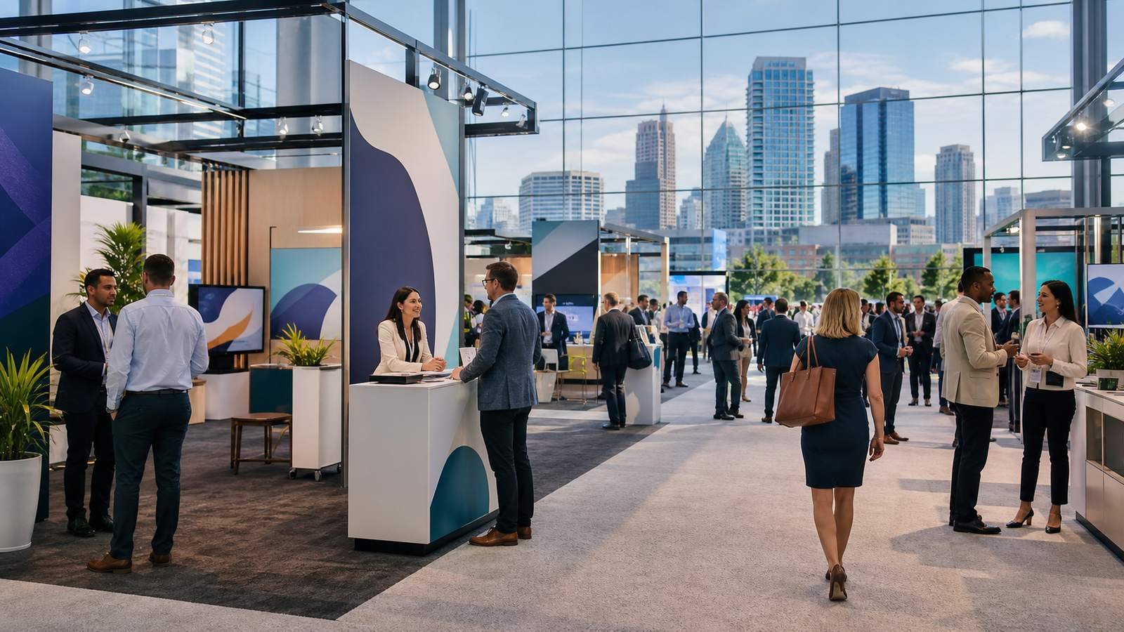 B2B trade show floor in Austin with branded exhibit booths and business visitors