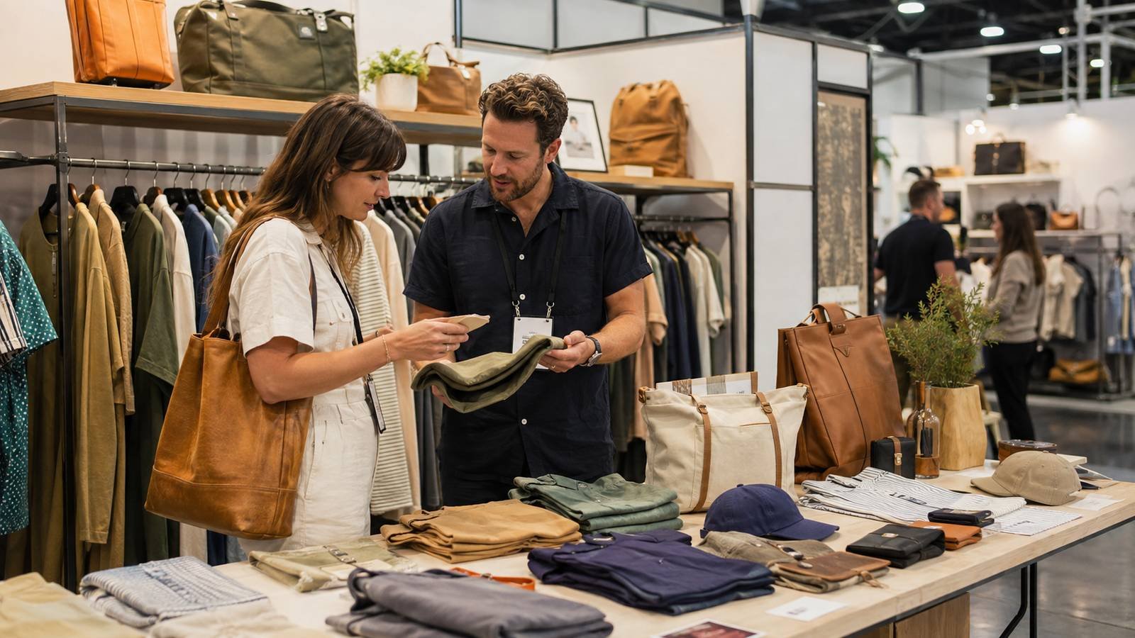 Wholesale lifestyle buyers reviewing products at an Austin trade show booth