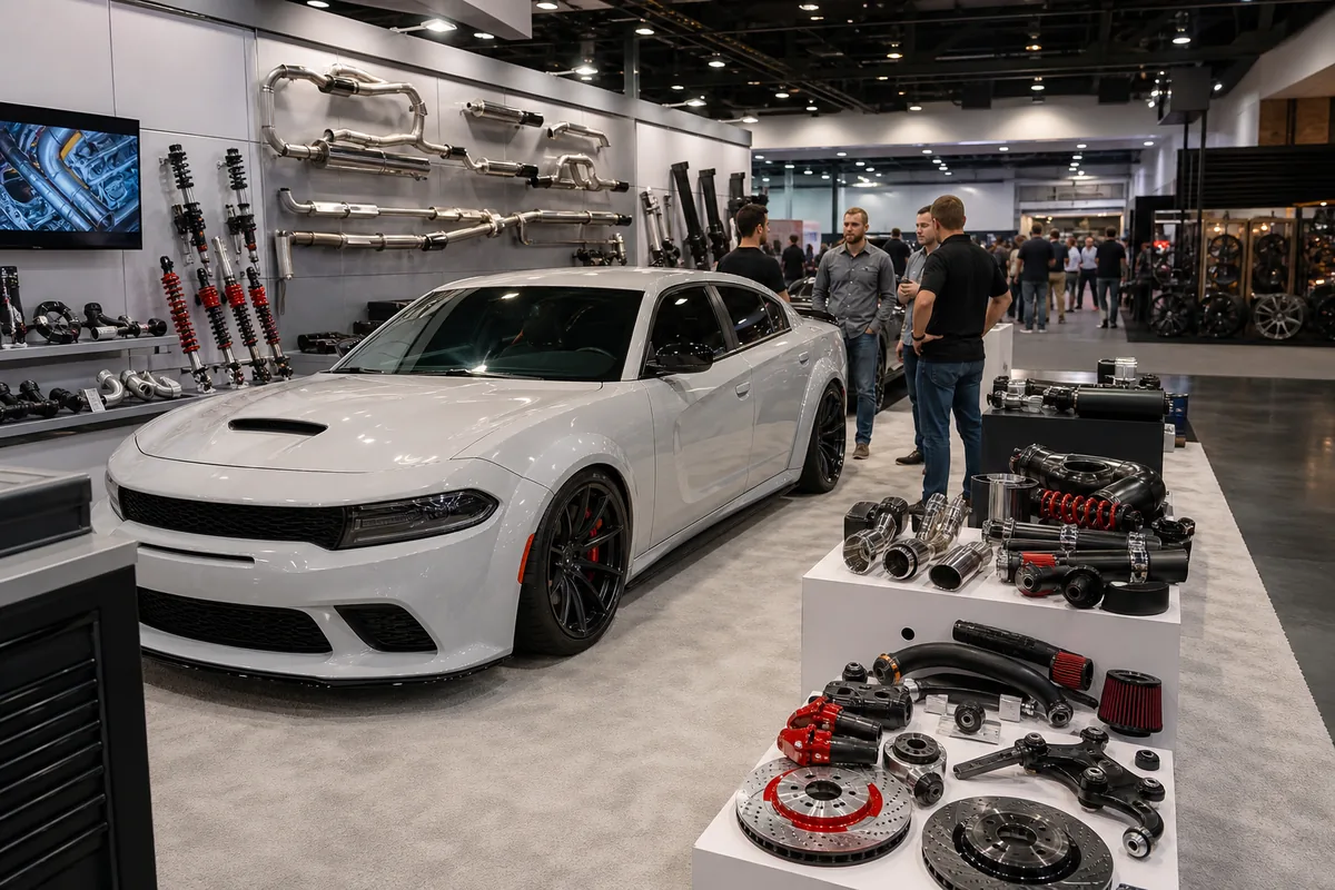 Automotive aftermarket trade show booth with performance parts and a display vehicle