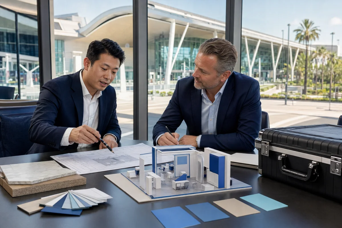 Exhibitor reviewing an aviation trade show floor plan and booth requirements