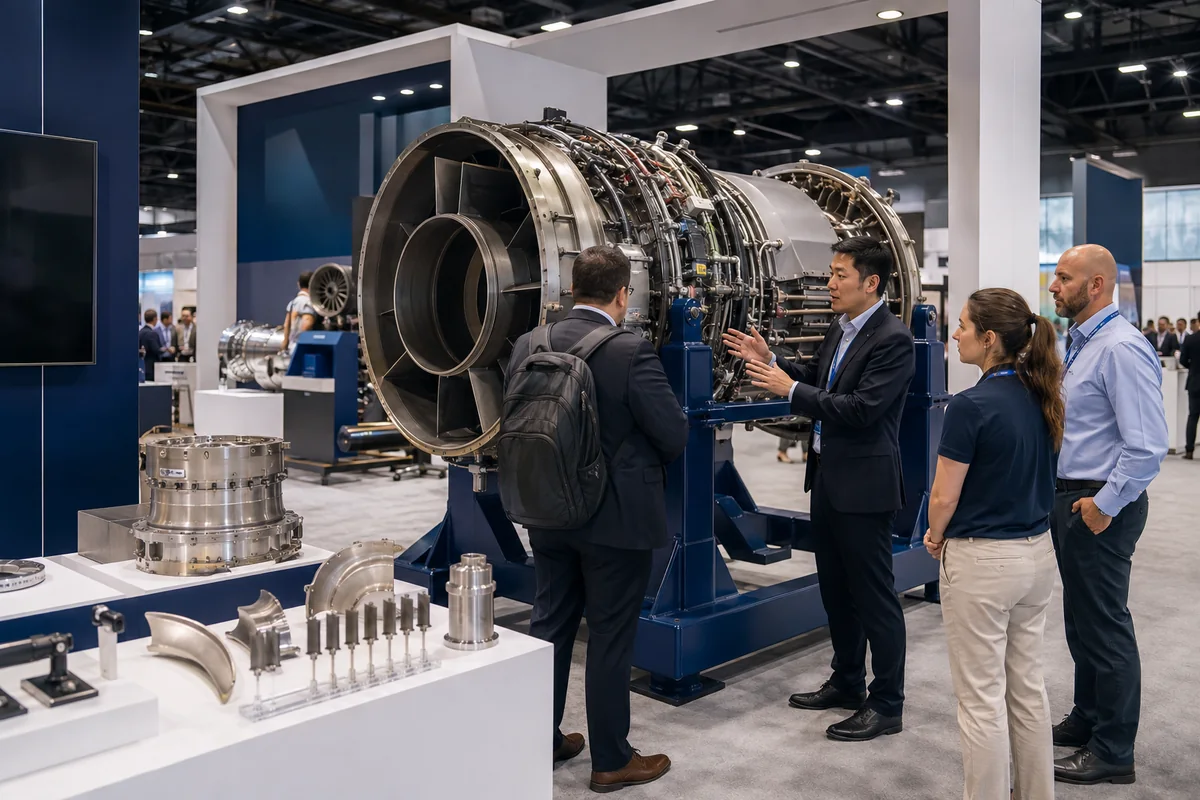 Aviation MRO professionals reviewing engine parts at a trade show