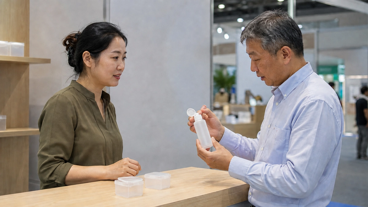 Illustrative scene of a visitor examining a flip-top packaging bottle while an exhibitor listens.