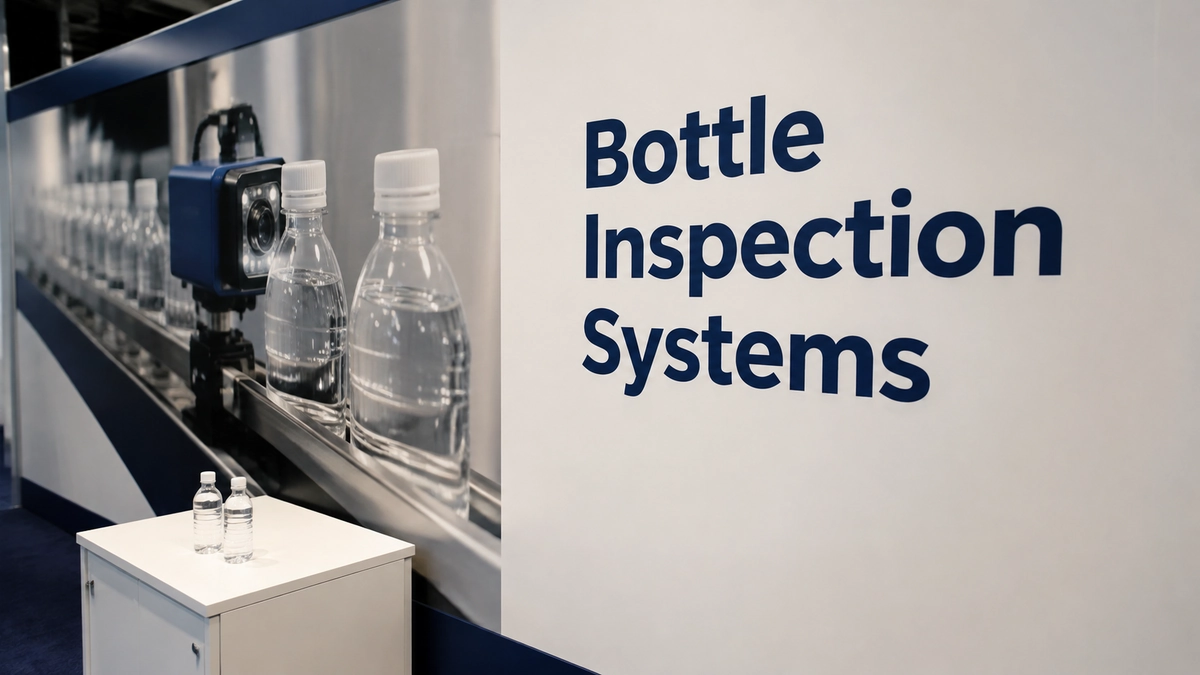 Illustrative backwall concept pairing a Bottle Inspection Systems headline with a bottled-product image.