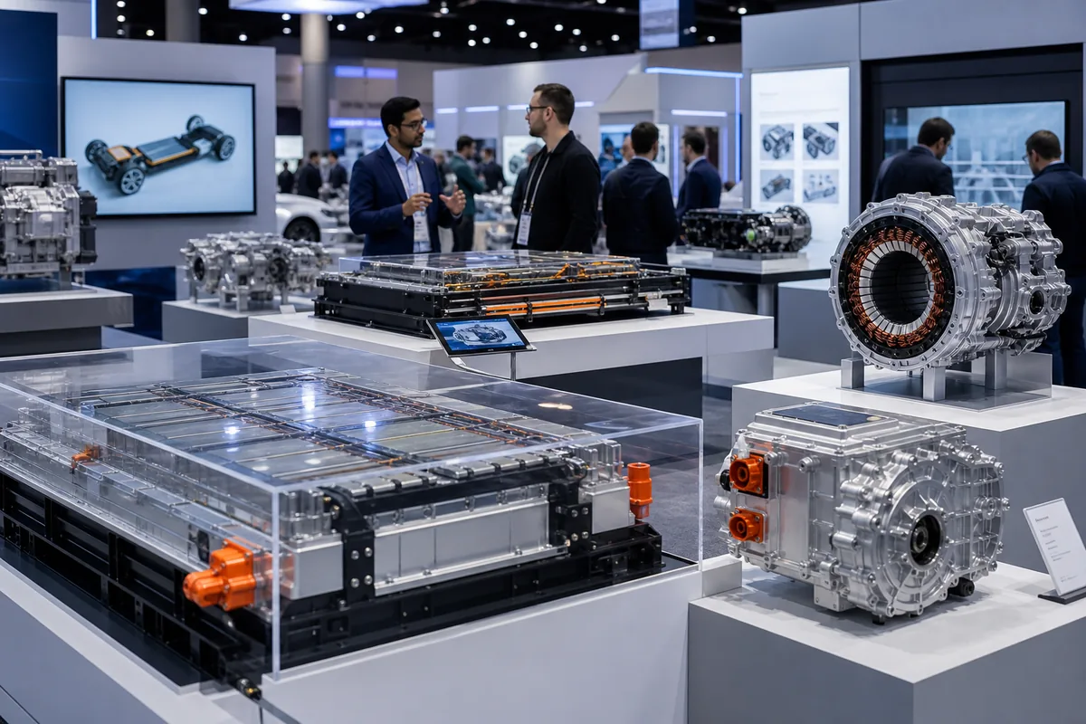 Battery and EV technology expo with battery modules and engineering displays