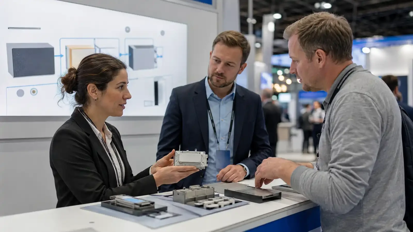 Exhibitor discussing a battery supply-chain application with an engineering visitor