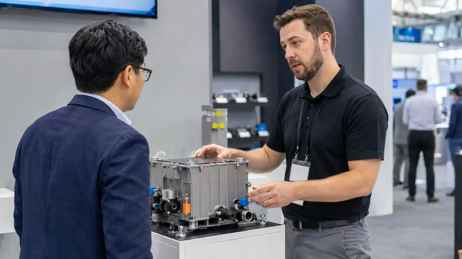 Technical booth demonstration for a battery industry visitor