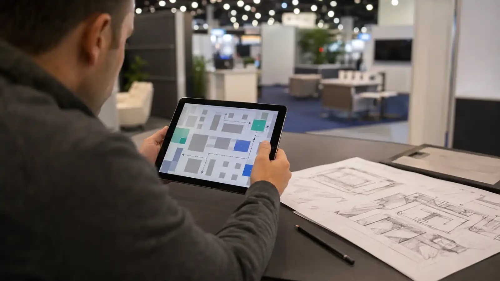 Exhibitor reviewing a trade show floor plan before booth planning