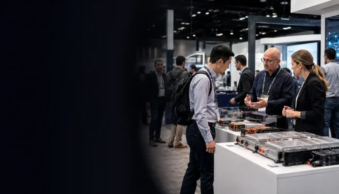 Advanced battery technology exhibitors and visitors on a trade show floor