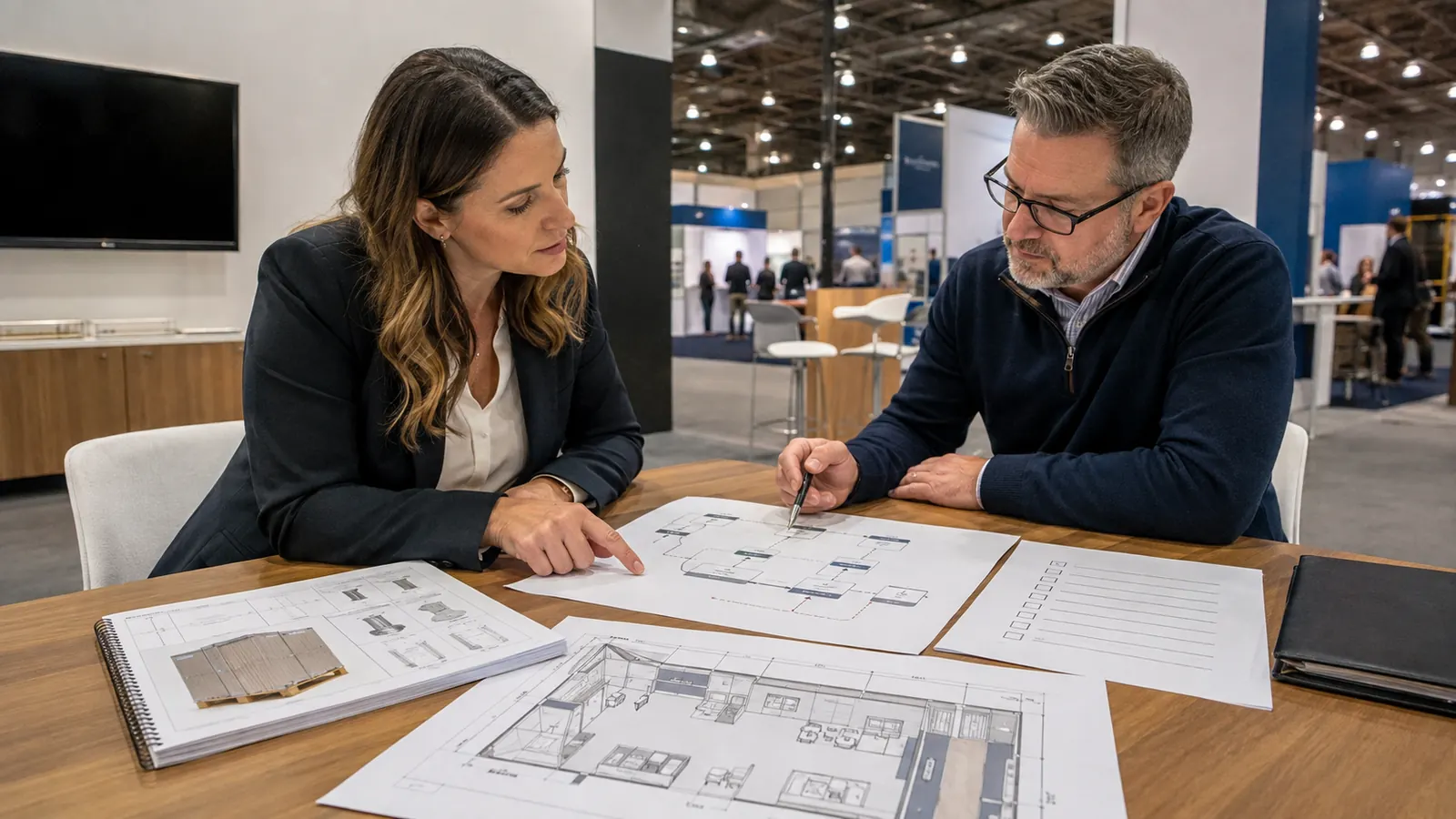 Exhibit team reviewing service, safety, and shipping requirements before booth approval