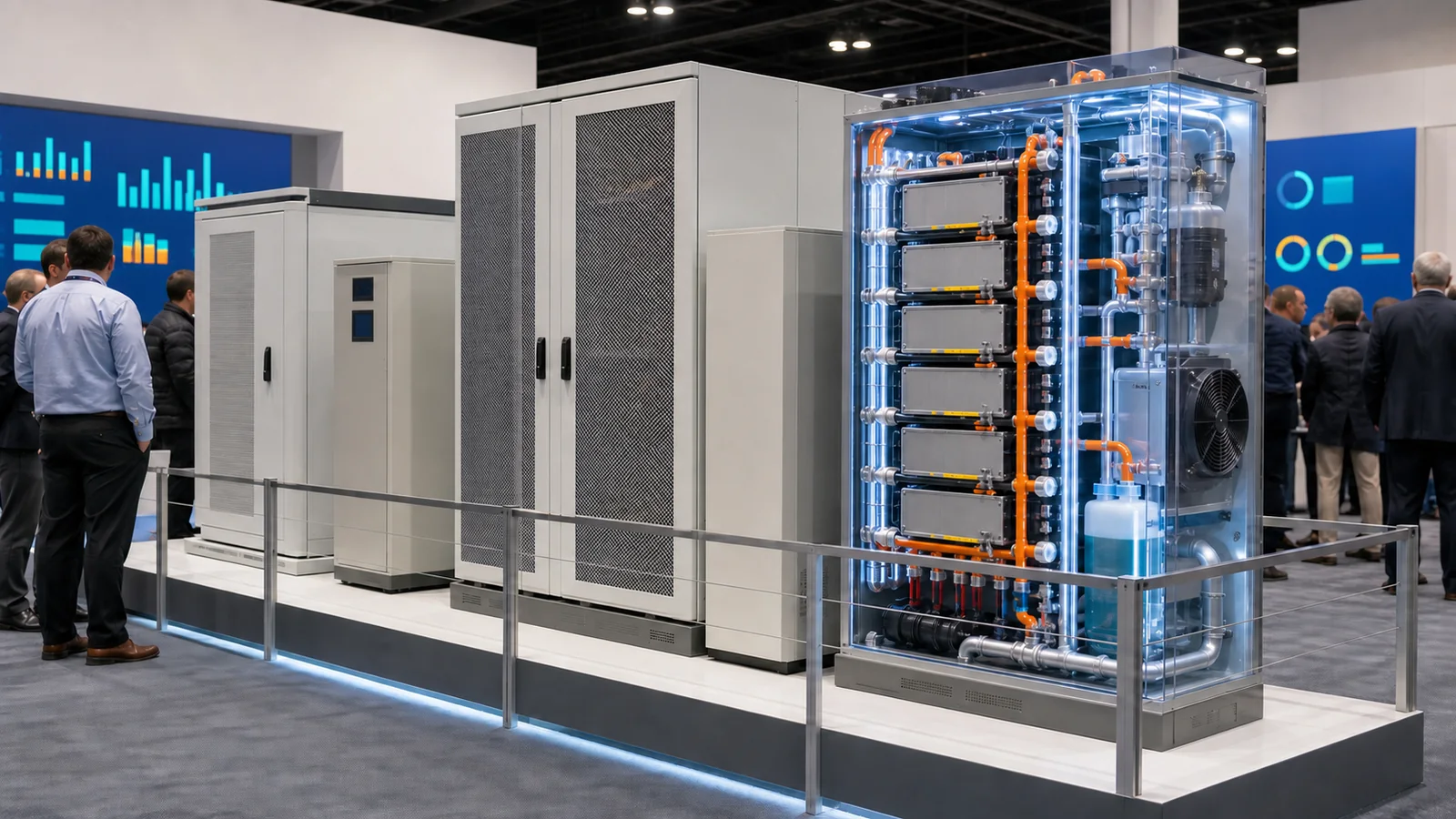 Energy storage technology exhibit with battery cabinets and technical demonstration screens