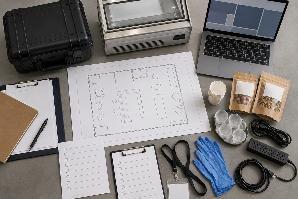Exhibitor reviewing booth logistics, sampling equipment, and show documents