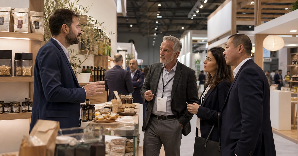 Specialty food exhibitors meeting professional buyers at an international trade show