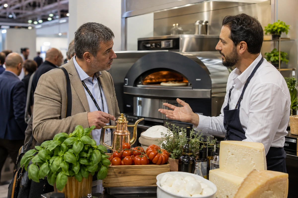Pizza and HoReCa buyers discussing products at a trade show booth