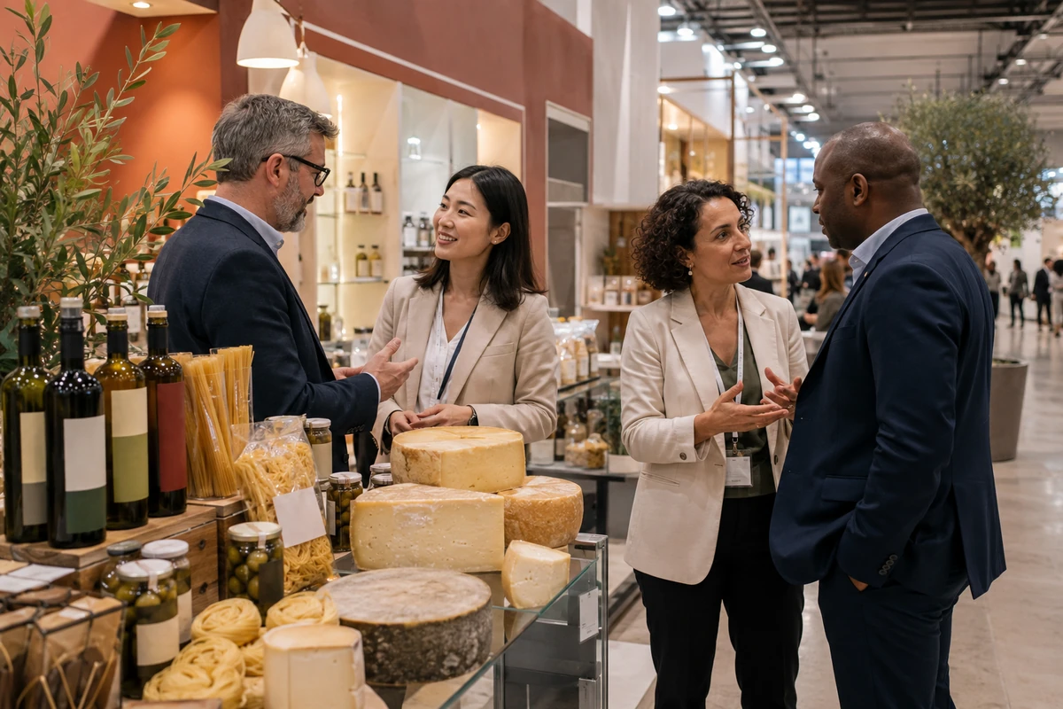 Food industry partners networking at an Italian trade exhibition