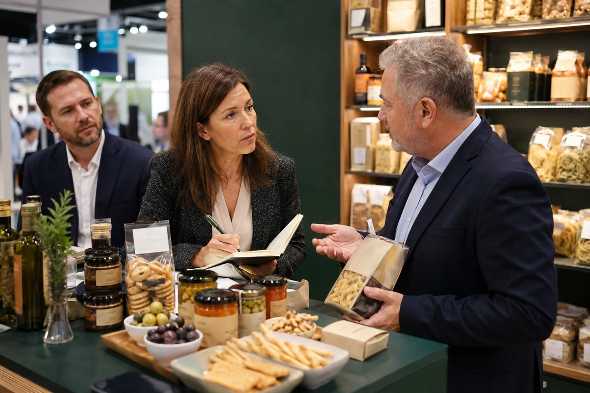 Importer and distributor discussion at a Central European food trade show