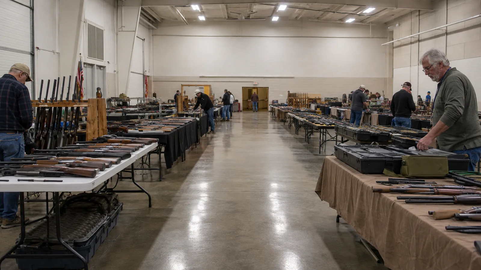 Vendor tables inside a Nebraska fairgrounds event center prepared for a regional gun show