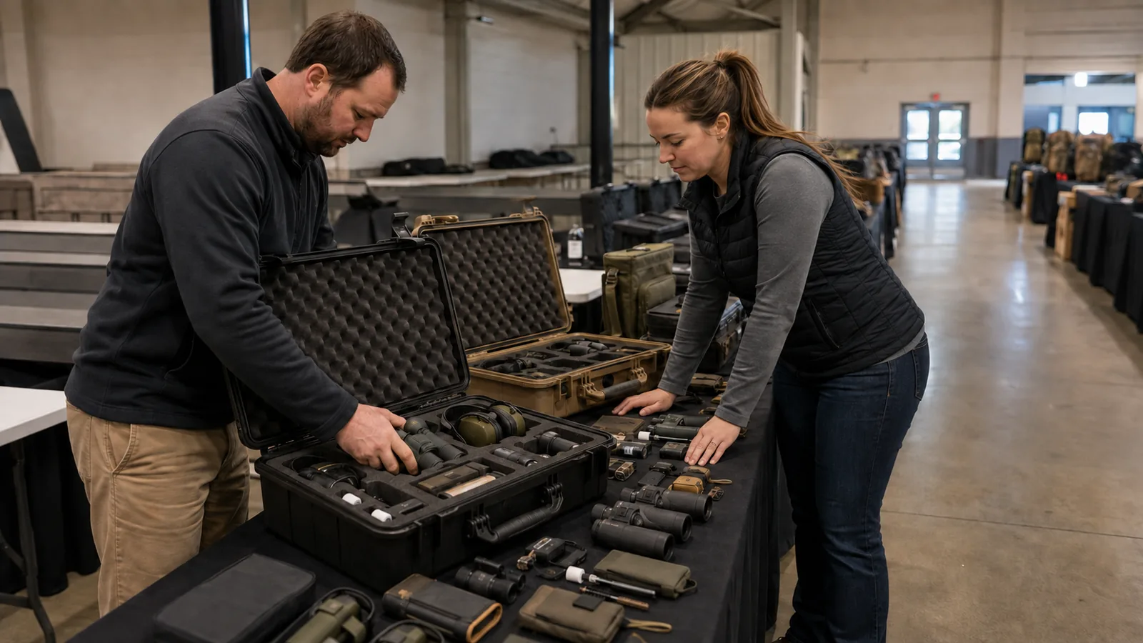 Two staff checking inventory and table layout during pre-opening show setup