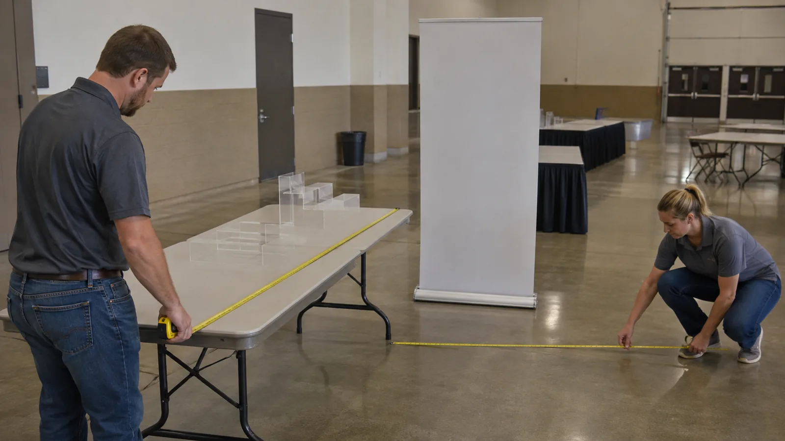 Event staff measuring a compact table display and aisle clearance before setup