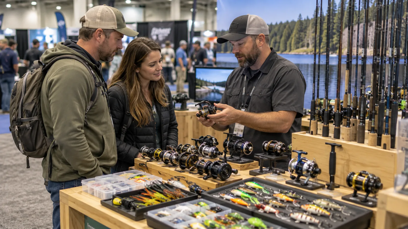 Illustrative generic fishing tackle comparison counter scene; not an exact event claim.