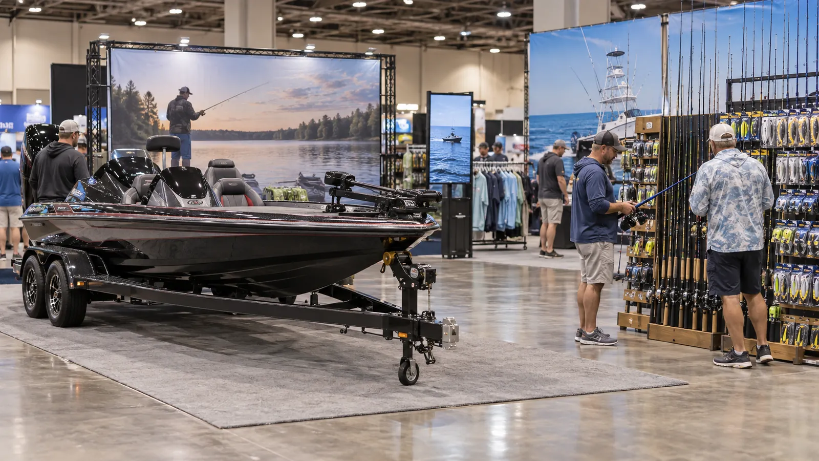 Illustrative generic bass boat and saltwater gear display scene; not an exact event claim.